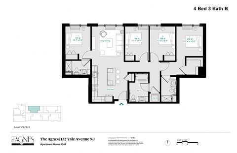 Floor plan for 4 beds, 3 baths, 1334 sqft
